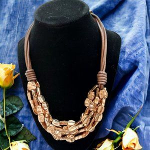 CHUNKY GOLD BEAD STATEMENT NECKLACE/BROWN LEATHER CORD 18"